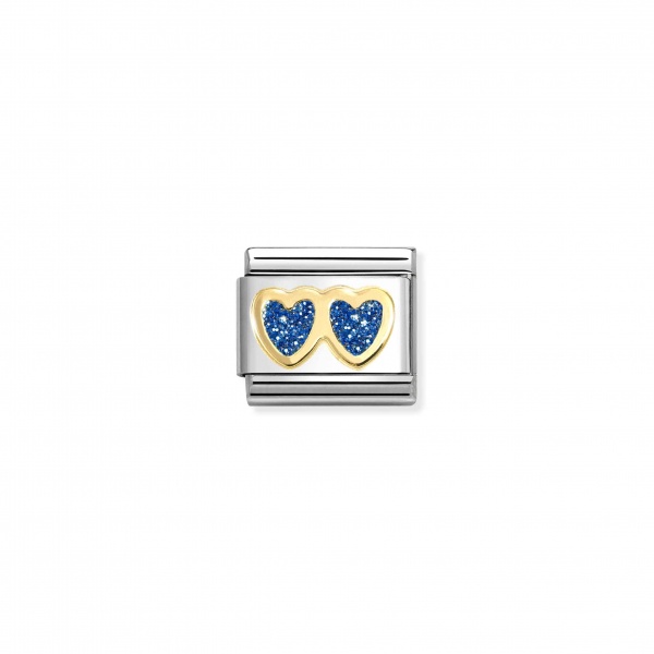 Nomination Gold Blue Glitter Double Hearts Composable Charm
