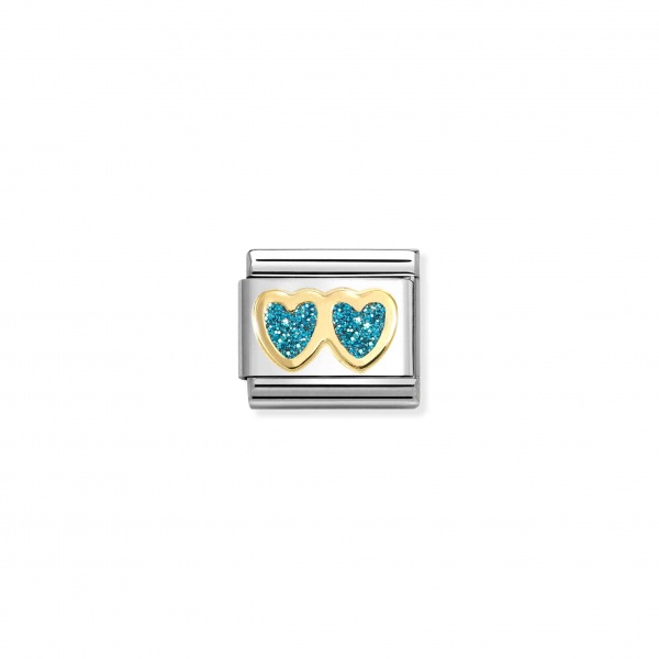 Nomination Gold Light Blue Glitter Double Hearts Composable Charm