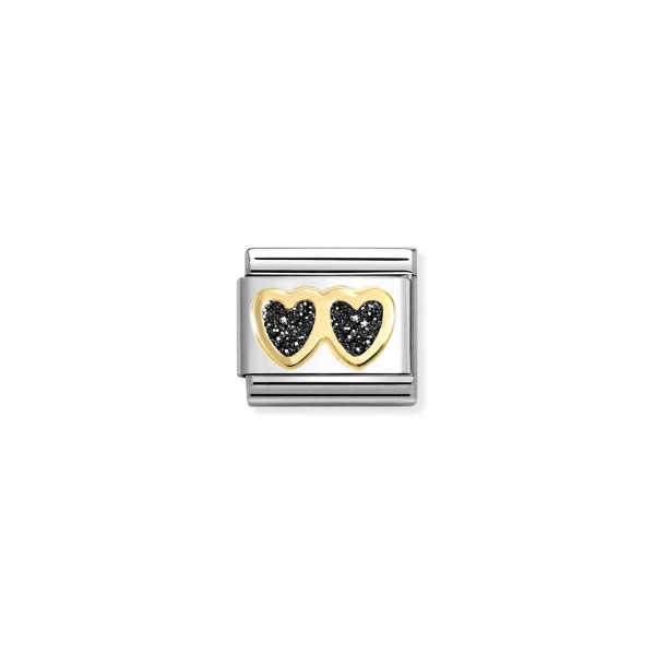 Nomination Gold Black Glitter Double Hearts Composable Charm