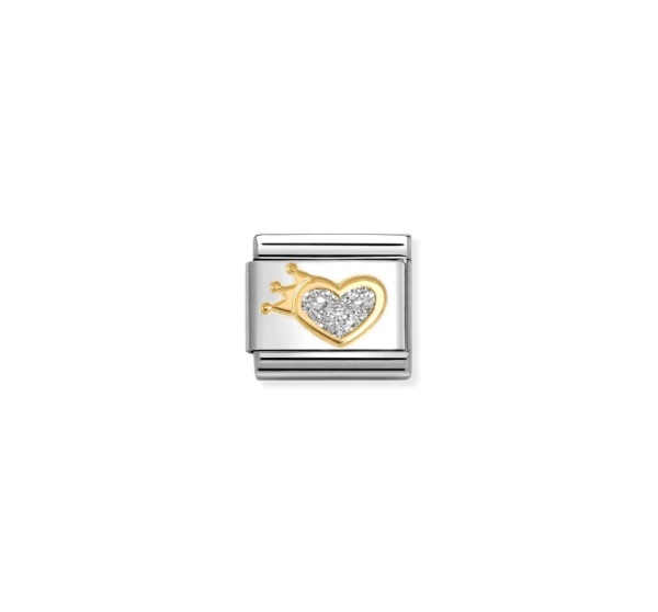 Nomination Gold Silver Glitter Heart with Crown Composable Charm