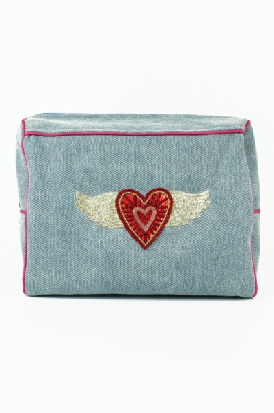 My Doris Flying Heart Denim Wash Bag